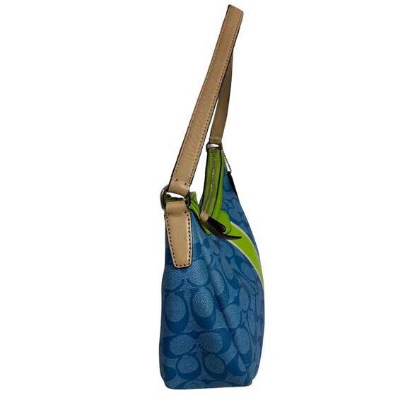 Coach Signature Stripe Shoulder Baguette Demi Bag Blue Lime Green F29942 - Picture 3 of 15